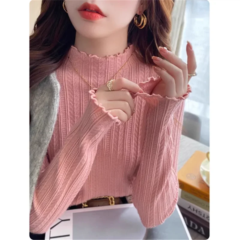 Knitted Sweater Long Sleeve Mock Neck White Knit Sweater Pullover
