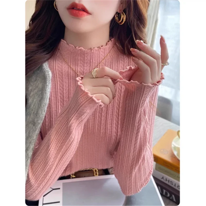 Knitted Sweater Long Sleeve Mock Neck White Knit Sweater Pullover
