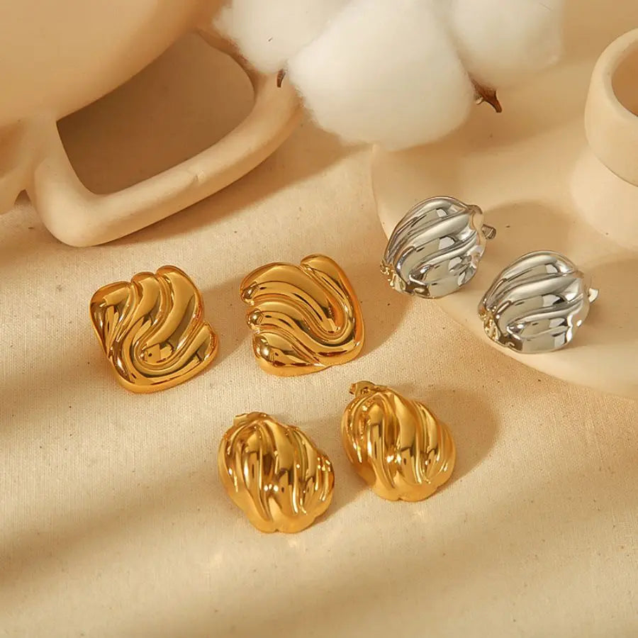 18k Gold Plated Wave Texture Stud Non Tarnish Waterproof Chunky Geometric Square Earrings