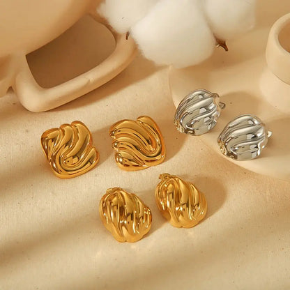 18k Gold Plated Wave Texture Stud Non Tarnish Waterproof Chunky Geometric Square Earrings
