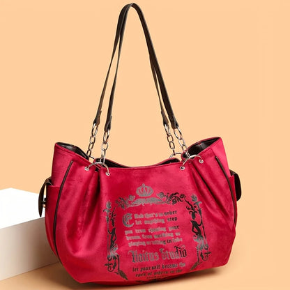 Letter Print Faux Suede Handbag