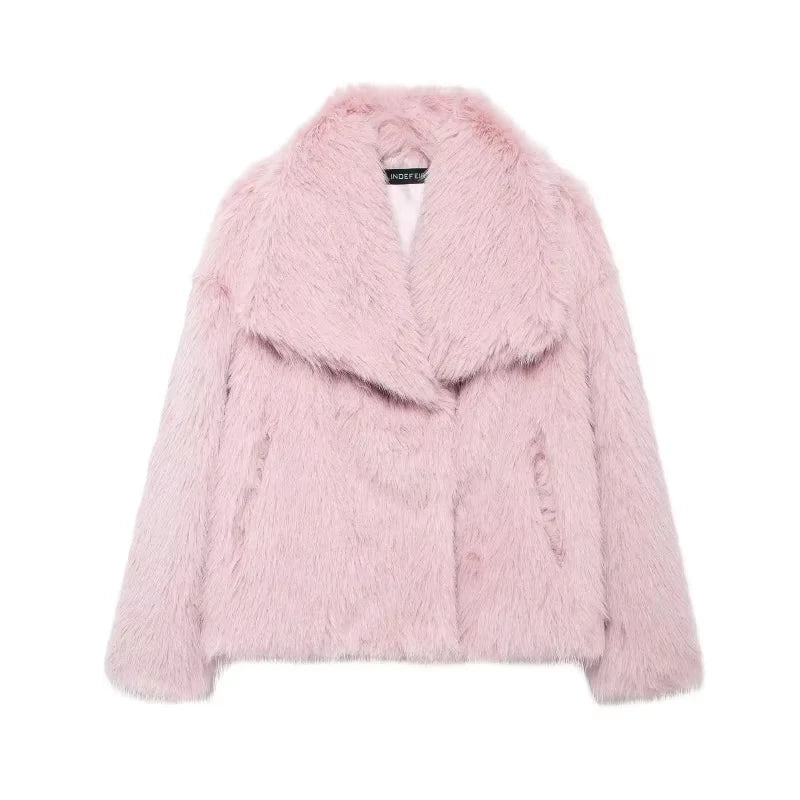 Elegant Faux Fur Warm Fluffy Loose Long Sleeve Lapel Jacket