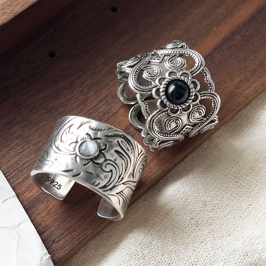 925 Sterling Silver Geometric Adjustable Wide Black Stone Retro Ring