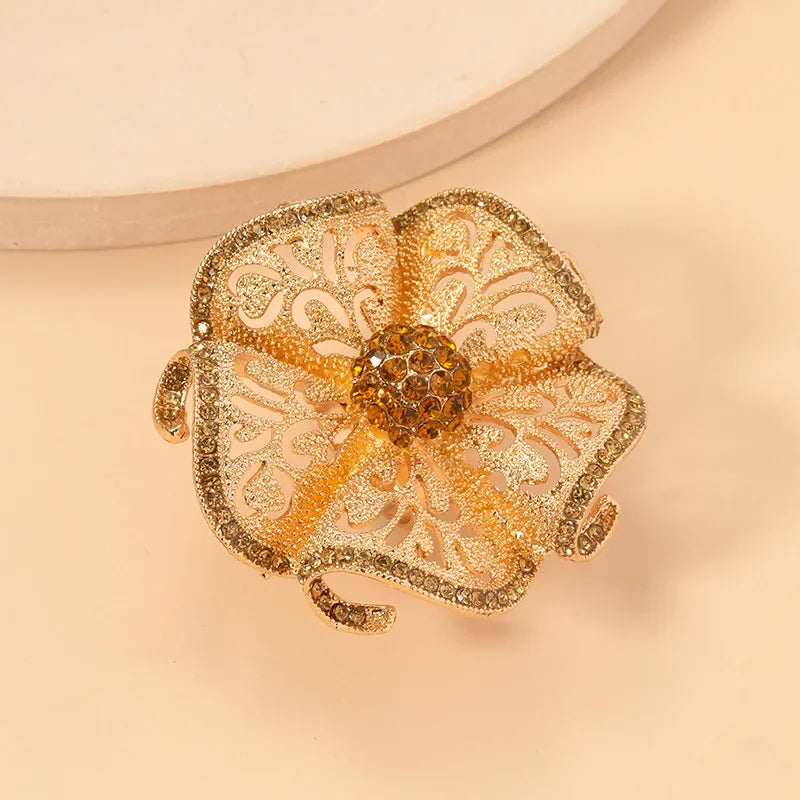 Luxury Big Flower Zircon Classic Hollow Gold Adjustable Ring