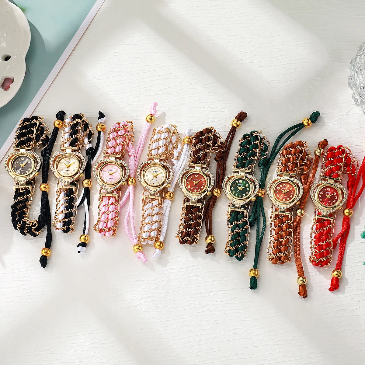 Luxury Rhinestone Heart Dial Woven Strap Quartz Wristwatch