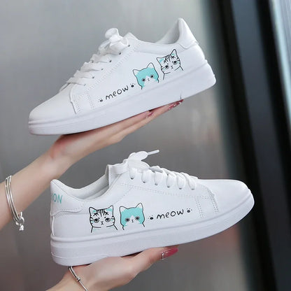 Breathable Vulcanized Cute Cat Cartoon Lace Casual Sneakers