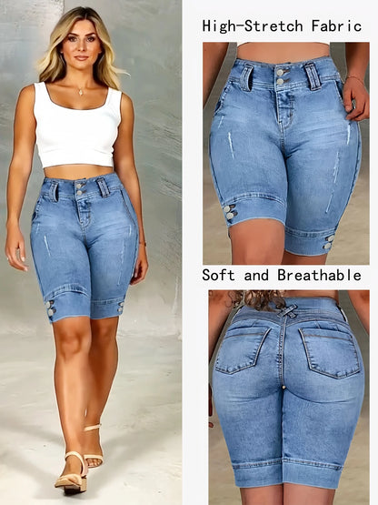Blue Double-Buckle Waist Slim Fit Jeans