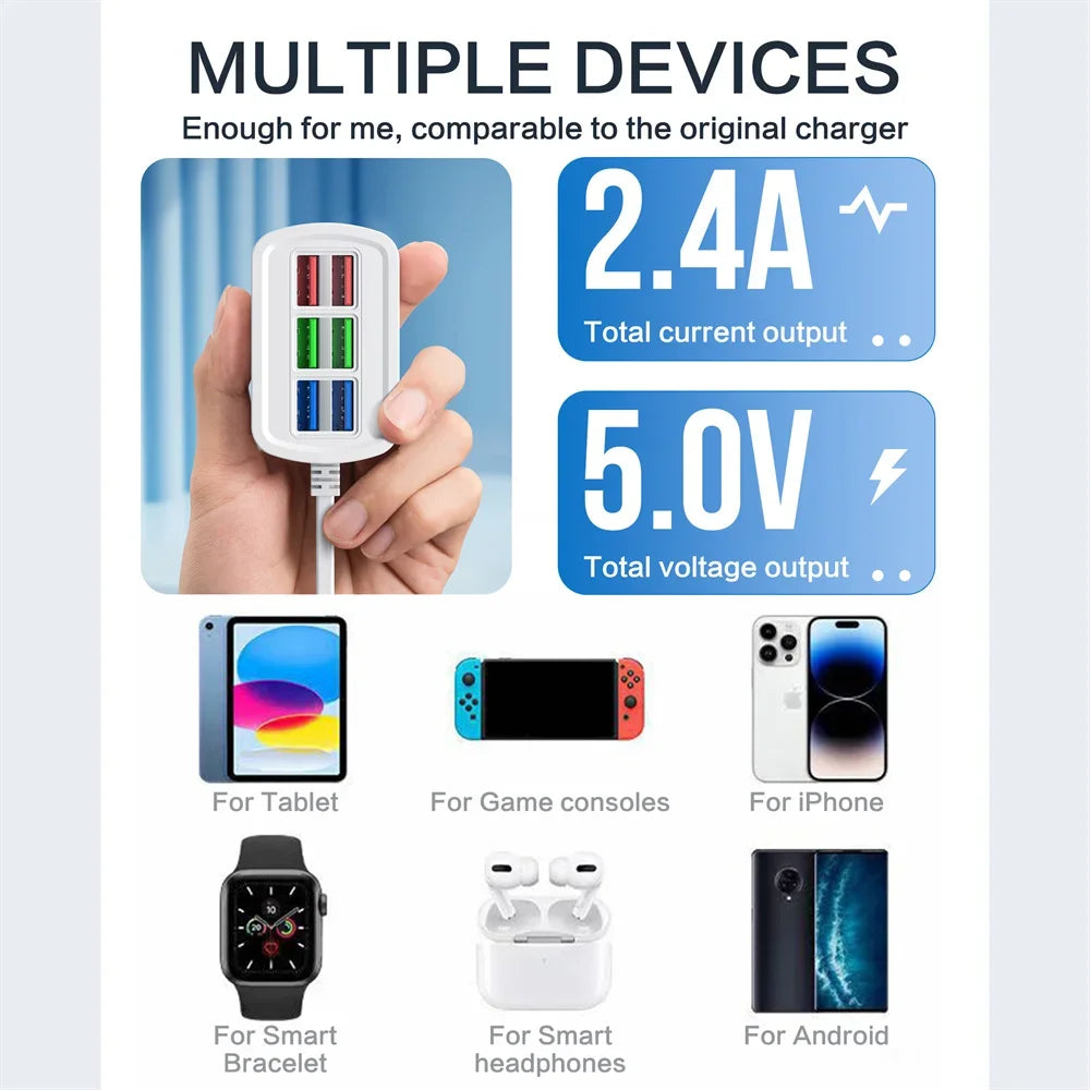 6 in 1 USB Fast Charger Power Strip 1m Cord Desktop Charging