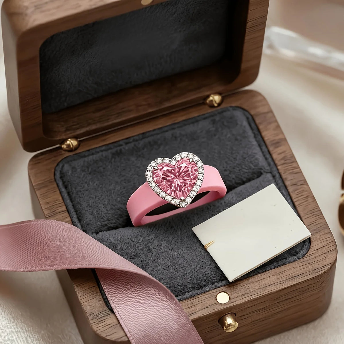 Elegant Pink Silicone Sparkling Pink Heart CZ Lightweight Ring