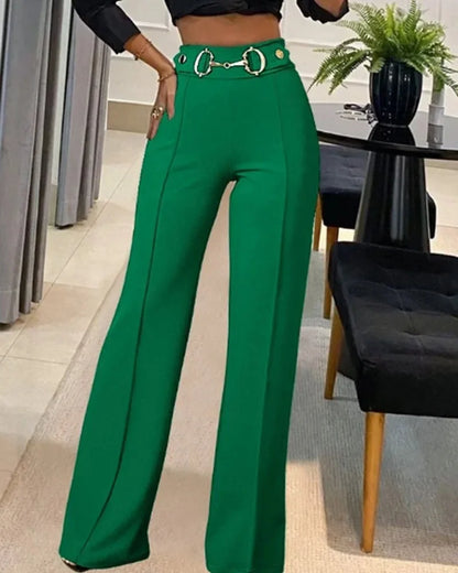 High-Waisted Metal Buckle Straight-Leg Pants