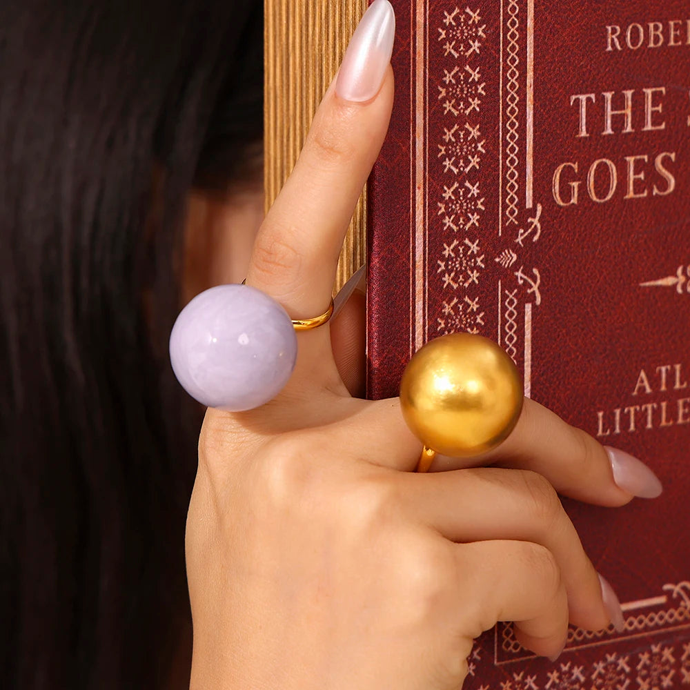 Exaggerate Big Ball Stainless Steel Gold Plated Purple Ring
