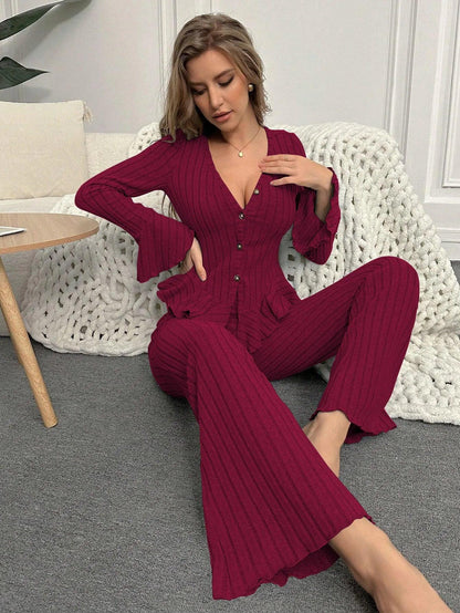 Sexy V Neck Long Sleeve Pyjamas Set