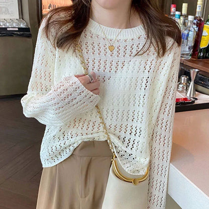 Knitted Long Sleeve Sweaters O-Neck Hollow Out Knit Sweater Pullover