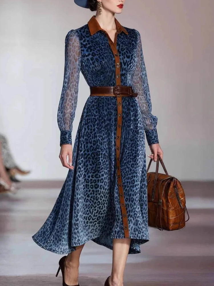 Elegant Leopard Printed Mesh Long Sleeve Dress