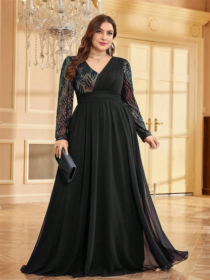 Plus Size Luxury Chiffon Long Sleeve Evening Dress