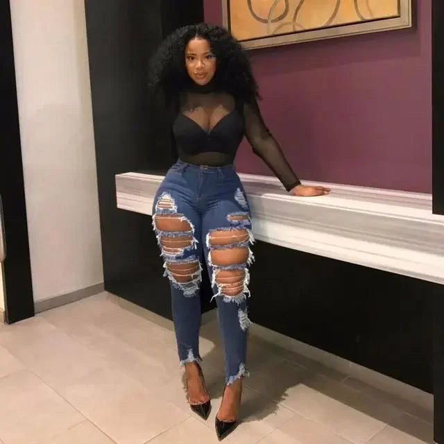 Streetwear Washed Skinny Stretch High Waist Jeans Pants