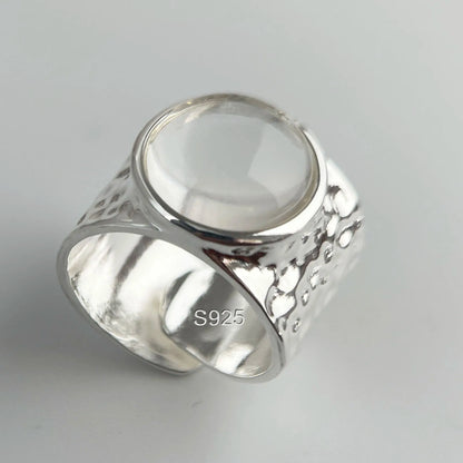 925 Sterling Silver Wide Vintage Big Stone Open Ring