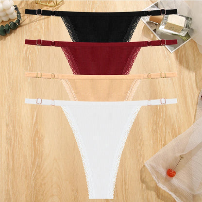 4Pc G-String Cotton Lace Thongs Lingerie Low Rise Straps Hipster