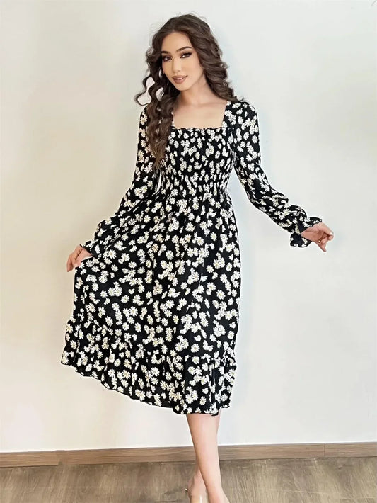 Long Sleeve Casual Chiffon Floral Elastic Chest Lace Up Midi Dress