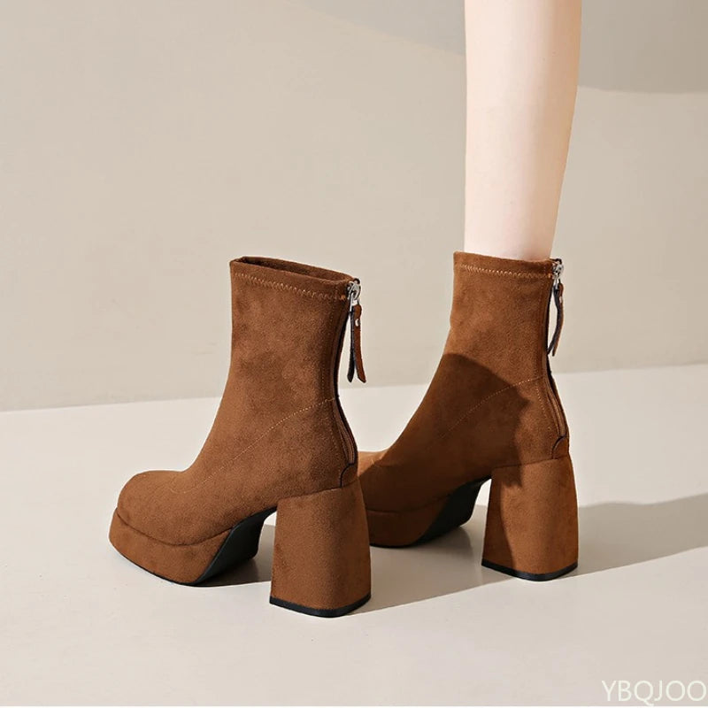 Thick soled high-heeled back zipper short boots