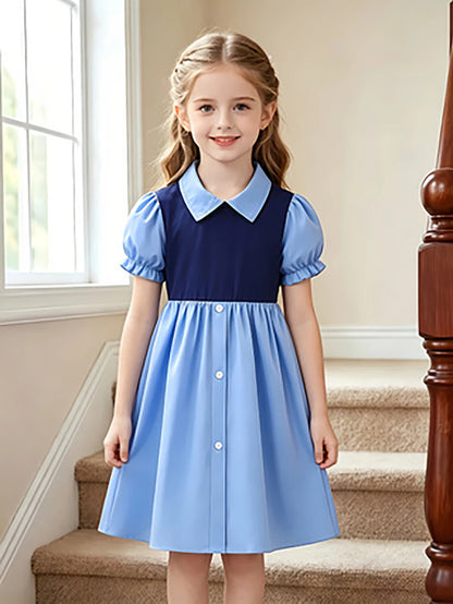 Blue Color Block Preppy Princess Puff Sleeve Dress