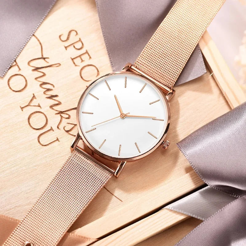 Luxury Metal Mesh Quartz Elegant Rose Gold Wristwatch