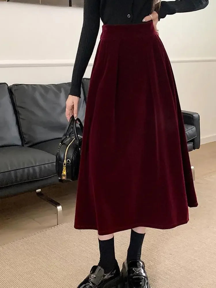 Elegant Velvet High Waist Casual Big Swing Skirts