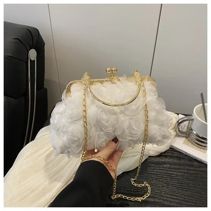 Luxury Chain Shoulder Chiffon 3D Flower Banquet Bag