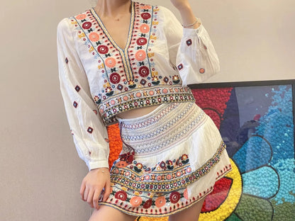 American Style Ethnic Style Top Shirt Contrasting Half Skirt Set