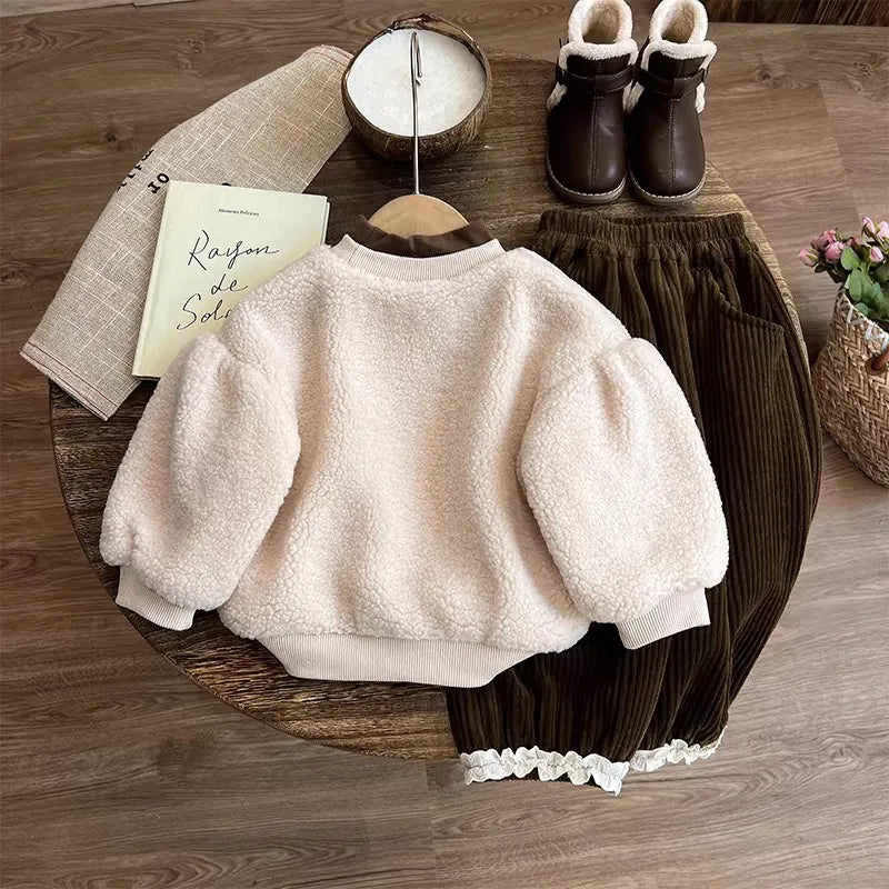 Autumn Winter Thick Warm Bow Lambswool Sweatshirt+Corduroy Pants Set