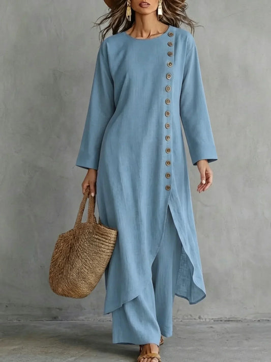 Casual Long Irregular Hem Top With Single Row Wide‑Leg Pants Set