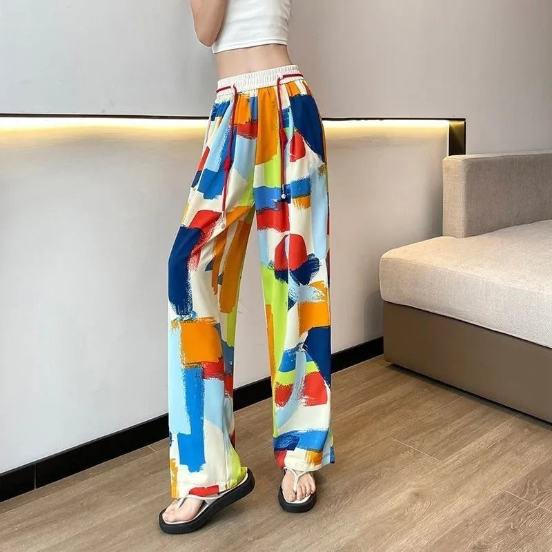 Colorful Graffiti Print Wide Leg Elastic Waist Drawstring Loose Pants
