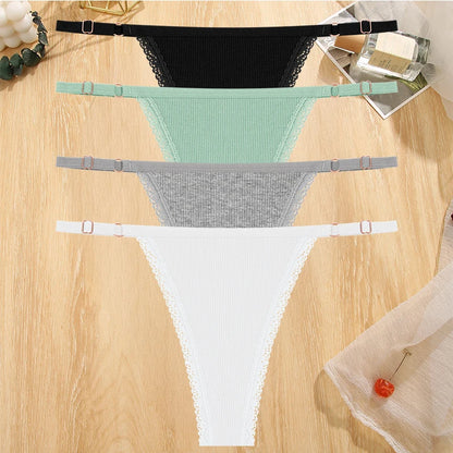 4Pc G-String Cotton Lace Thongs Lingerie Low Rise Straps Hipster