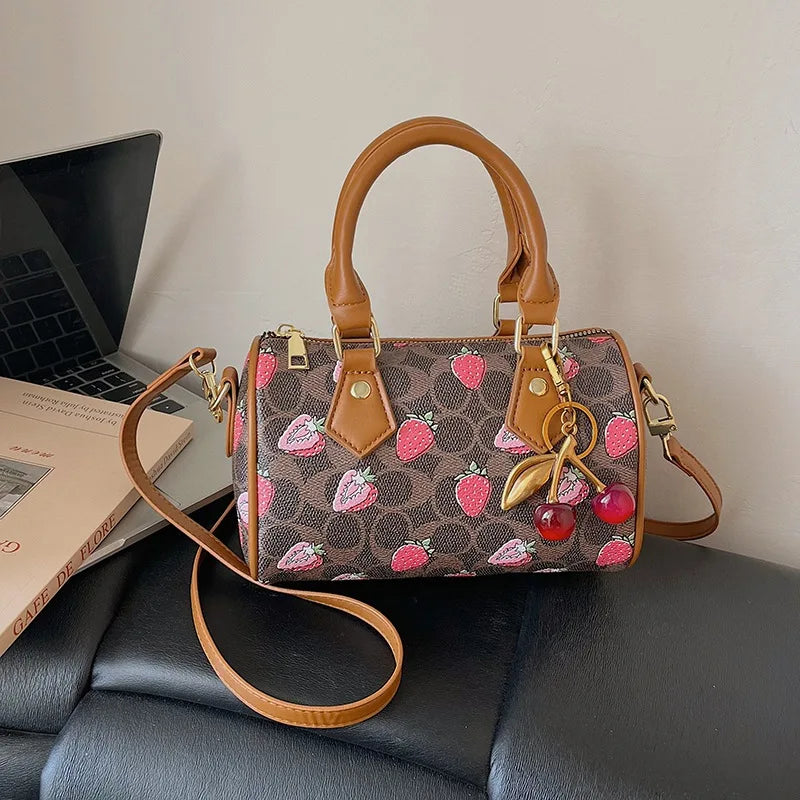 Crossbody Cherry Pattern PU Leather Boston Handbag Shoulder Bags