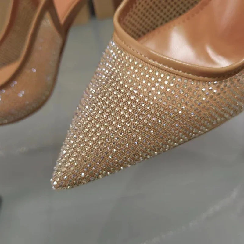 Luxury Pointed Toe Bright Rhinestone Mesh High Heeled Elegant Shoes