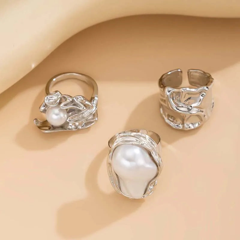 6Pcs/Set Gold Color Imitation Pearl Open Ring