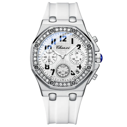 Diamond Dial Quartz Chronograph Luminous Waterproof Silicone Sports Watches