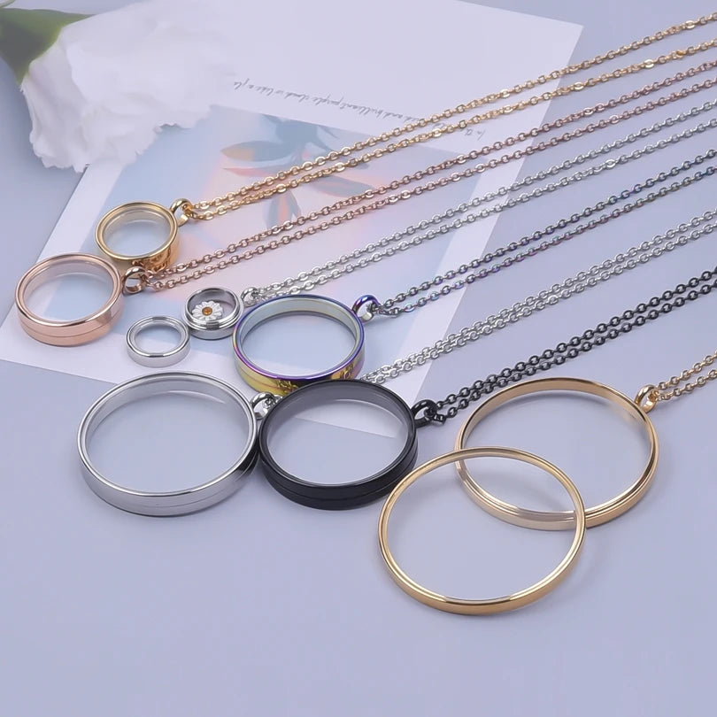 1Pc 10-45mm Round Memory Coin Bezel Locket Pendant Necklaces