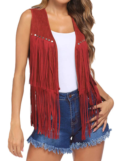 Tassel Vest 70s Hippie Faux Suede Rivets Sleeveless Fringe Jacket