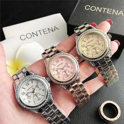 Luxury Stainless Steel Rhinestone Quartz Wristwatch