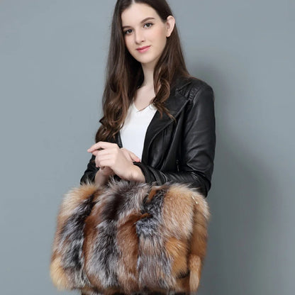 Real Fox Fur Large Size Plush Crossbody Luxury Handbags Fluffy Tote Bag