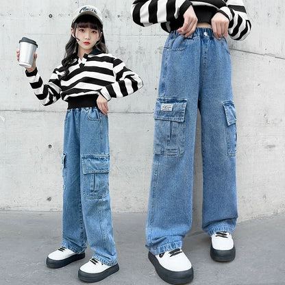 3-12 Years Girls Denim Pants Teenager Wide Leg Pants