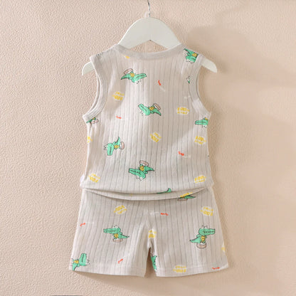 Cartoon Thin Style Sleeveless Baby Pajamas Set