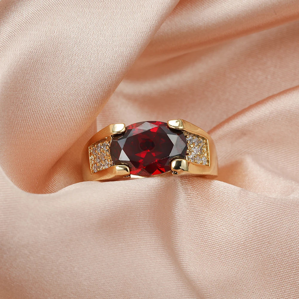 Unisex Oval Red Stone Gold Luxury Zircon Ring