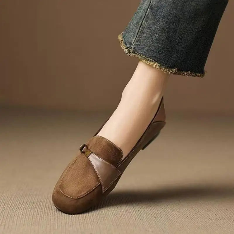 British Style Suede Square Toe Loafers Metal Decor Low Heel Pumps Shoes