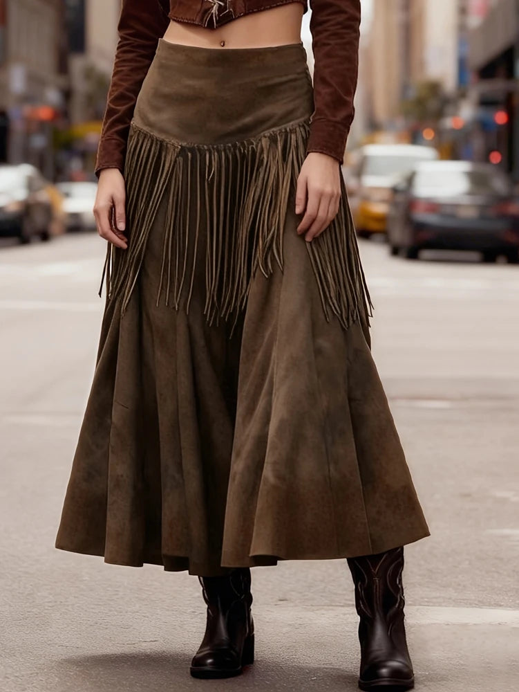 Ethnic Elegant Solid Tassel Slim Fit Midi Skirt