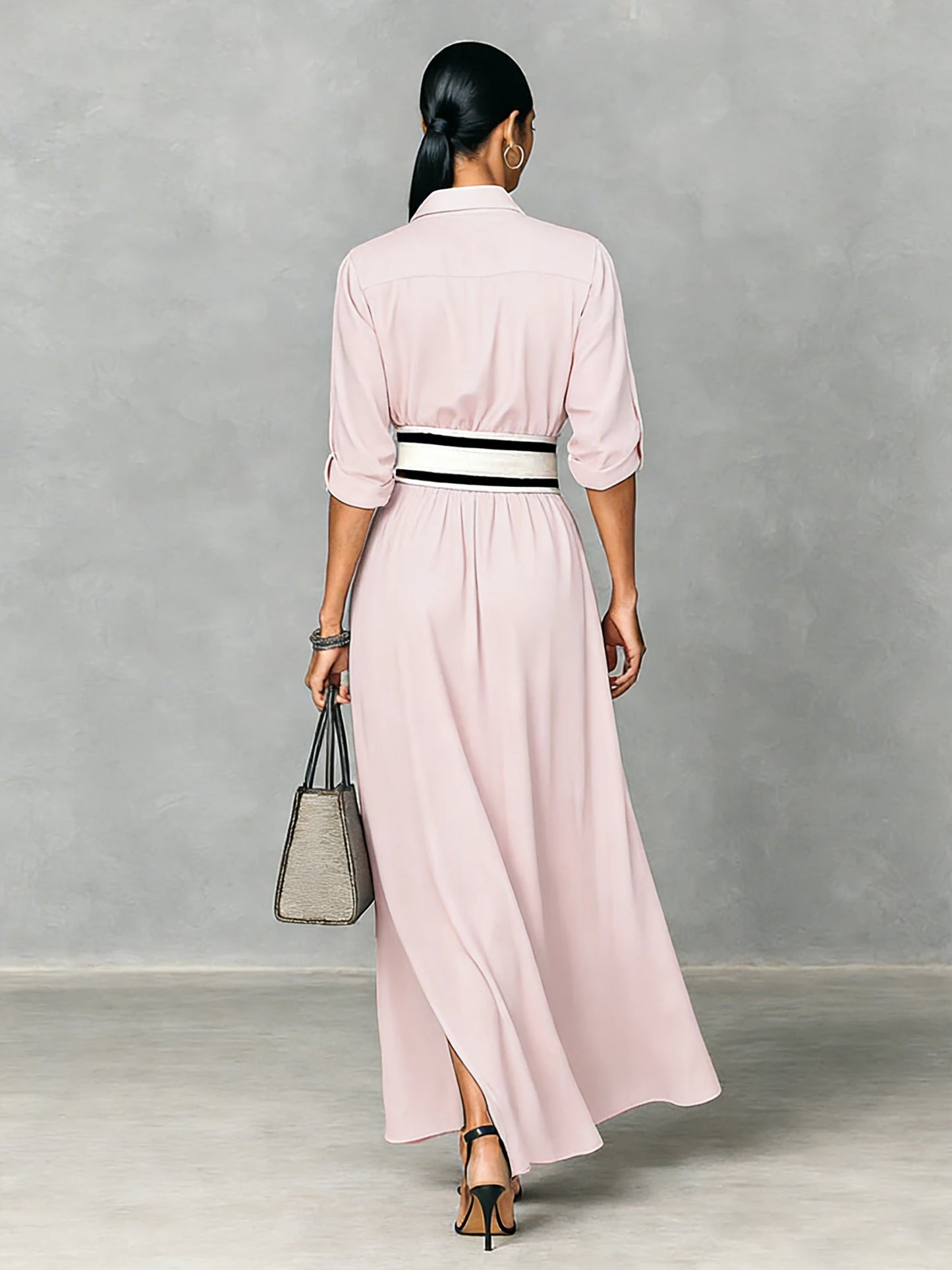 Maxi Wide Striped Belt Roll-Up Sleeve High Slit Elegant Dress
