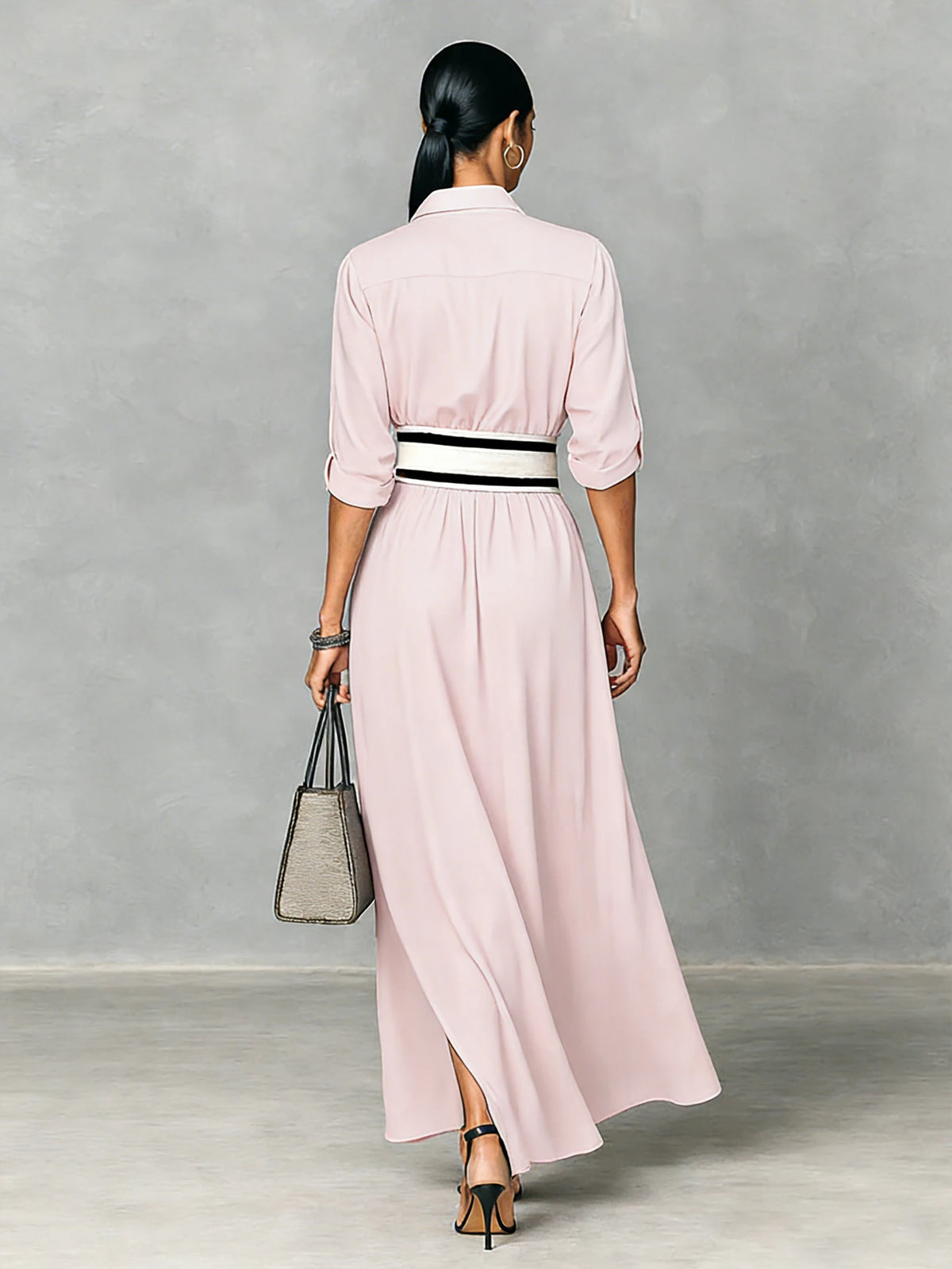 Shirt Maxi with Wide Striped Belt  Roll-Up Sleeve High Slit Elegant Casual Dress