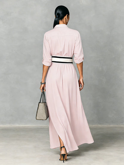 Shirt Maxi with Wide Striped Belt  Roll-Up Sleeve High Slit Elegant Casual Dress