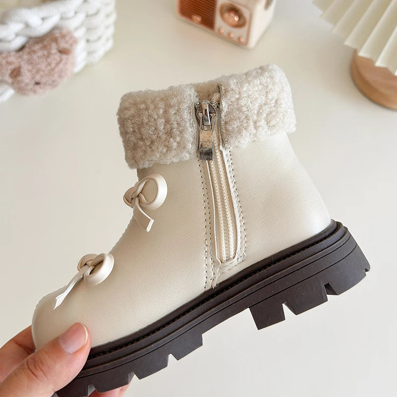 Round Toe Cute Bow Zipper Short Warm Snow Boots
